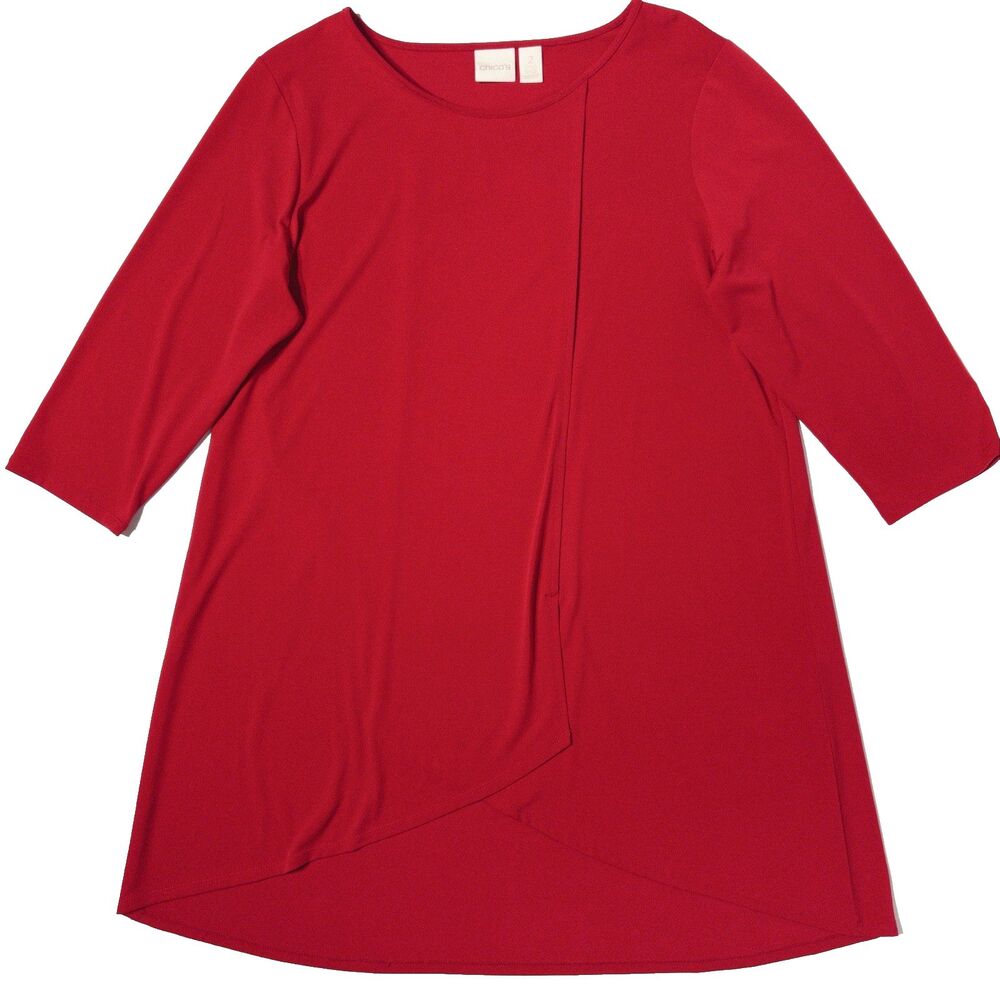Chico's Red Long Stretch Tunic Top Women Size L (Chico's Size 2) A7